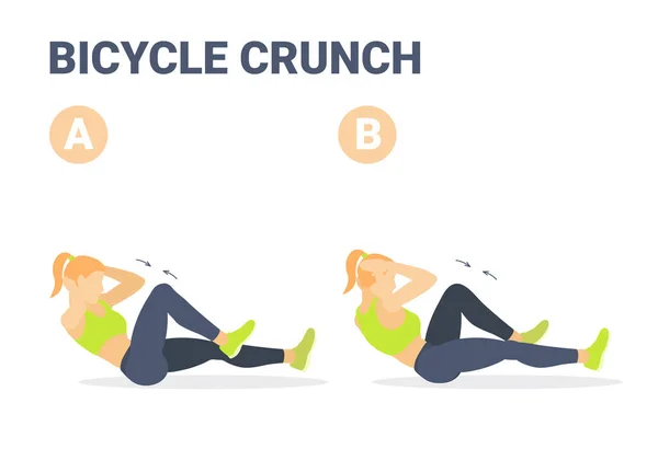 Meisje doet Fiets Criss kruis Crunch Abs Oefening Kleurrijk Concept illustratie. — Stockvector