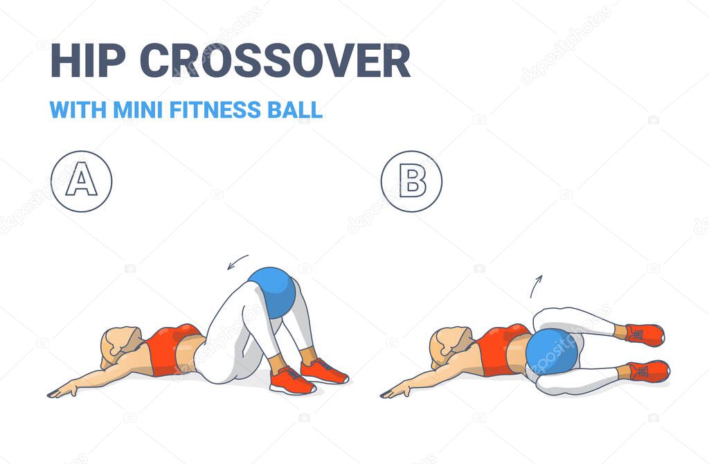 Girl Doing Hip or Knee Roll Exercise with Fitness Mini Ball Guidance. Lower Body Russian Twist.