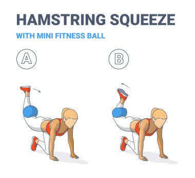 Hamstring Yapan Kız Spor Salonu Mini Topuyla Sıkın Egzersiz Kılavuzu Renk Çizimi.