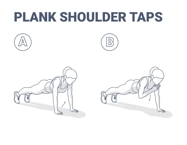 Plank Shoulder Taps Mujer Inicio Entrenamiento Ejercicio Guía. Hembra haciendo toques de hombro de tablón. — Vector de stock