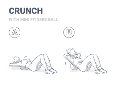 Mini Fit Ball Rehberlik Çizimi ile Çıtır Egzersizi Yapan Kız. Dişi Küre Çıtırtı Kavramı.