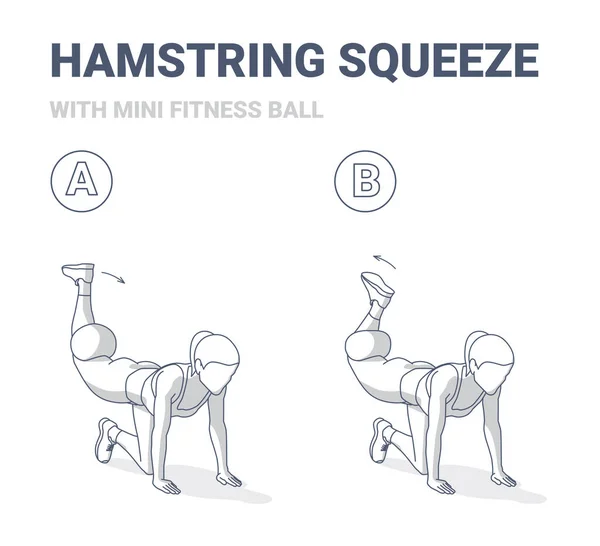 Mädchen macht Hamstring Squeeze mit Fitness Mini Ball Home Workout Übung Anleitung Illustration. — Stockvektor