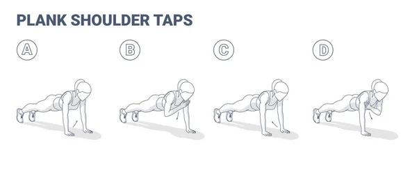 Girl Doing Plank Shoulder Taps Workout Guía de ejercicios. Mujer haciendo toques en el hombro desde el tablón. — Vector de stock