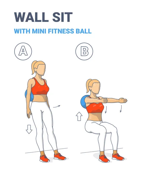 Parede Sente-se com ajuste Mini bola Mulheres Home Workout Exercício Guia Ilustração. — Vetor de Stock