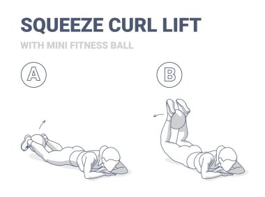 Medicine Ball Evde Egzersiz Yapan Kız Kıvırcık ve Kaldırır Kılavuz Çizimi.