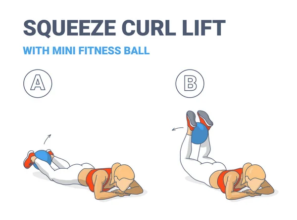 Lány csinál Squeeze Curl és felvonók Medicine Ball Home Edzés útmutató testmozgás Illusztráció. — Stock Vector