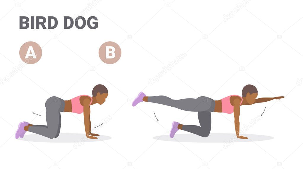 African American Woman Doing Bird Dog Exercise Guide. Concept of Black Female Dog Bird Workout.