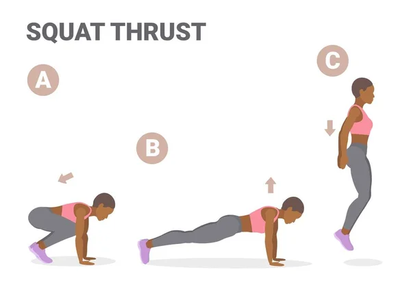 Afro-Amerikaanse meisje doet squat Thrust Oefening Home Workout Guidance. — Stockvector