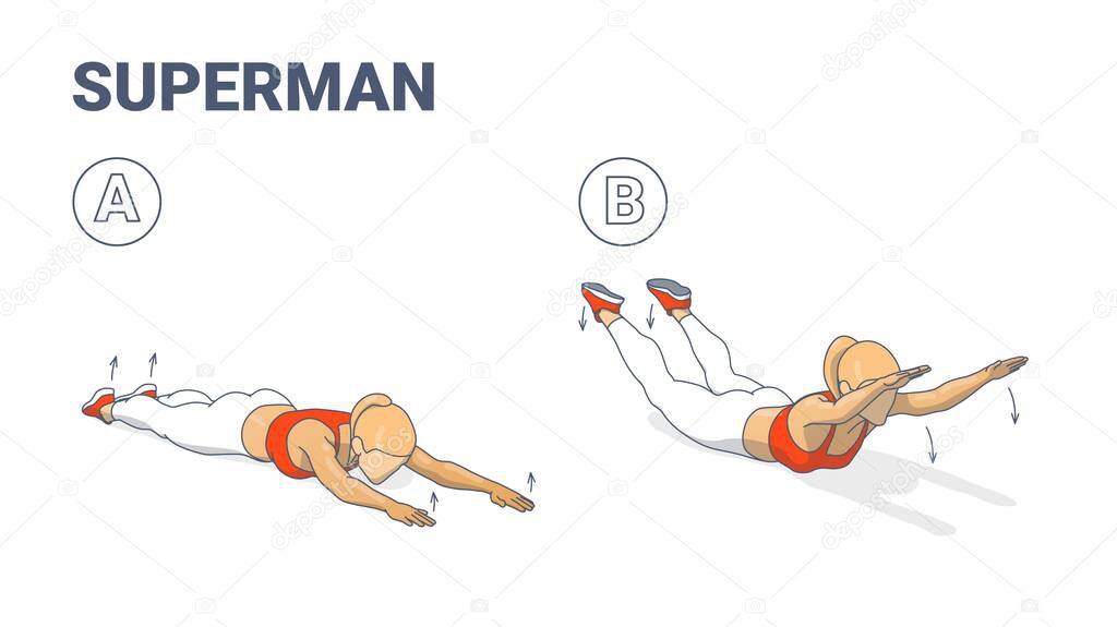 Girl Doing Superman Exercise Fitness Home Workout Guidance Illustration. Lying Back Woman Exercise.