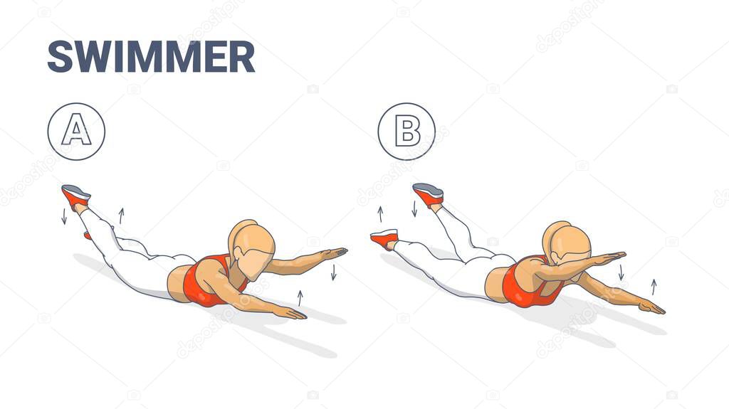 Girl Doing Swimmers Exercise Fitness Home Workout Guidance Illustration. Lying Back Woman Exercise.