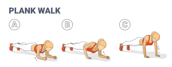 Chica haciendo Mujer haciendo Plank Walk Up Ejercicio Fitness Inicio Entrenamiento Guía Ilustración. — Vector de stock