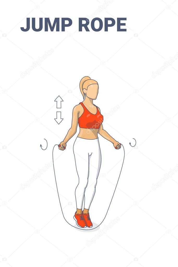 Girl Doing Jump Rope Exercise Fitness Home Workout Guidance Illustration. Woman Skipping Rope.