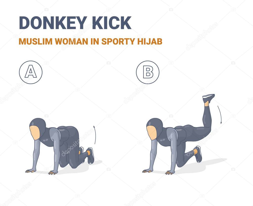 Muslim Woman Doing Donkey Kick Home Workout Exercise in Sporty Hijab Guidance Colorful Illustration.