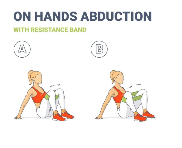 Flicka gör på händer höfter och knän bortföranden Home Workout Motion med Resistance Band — Stock vektor