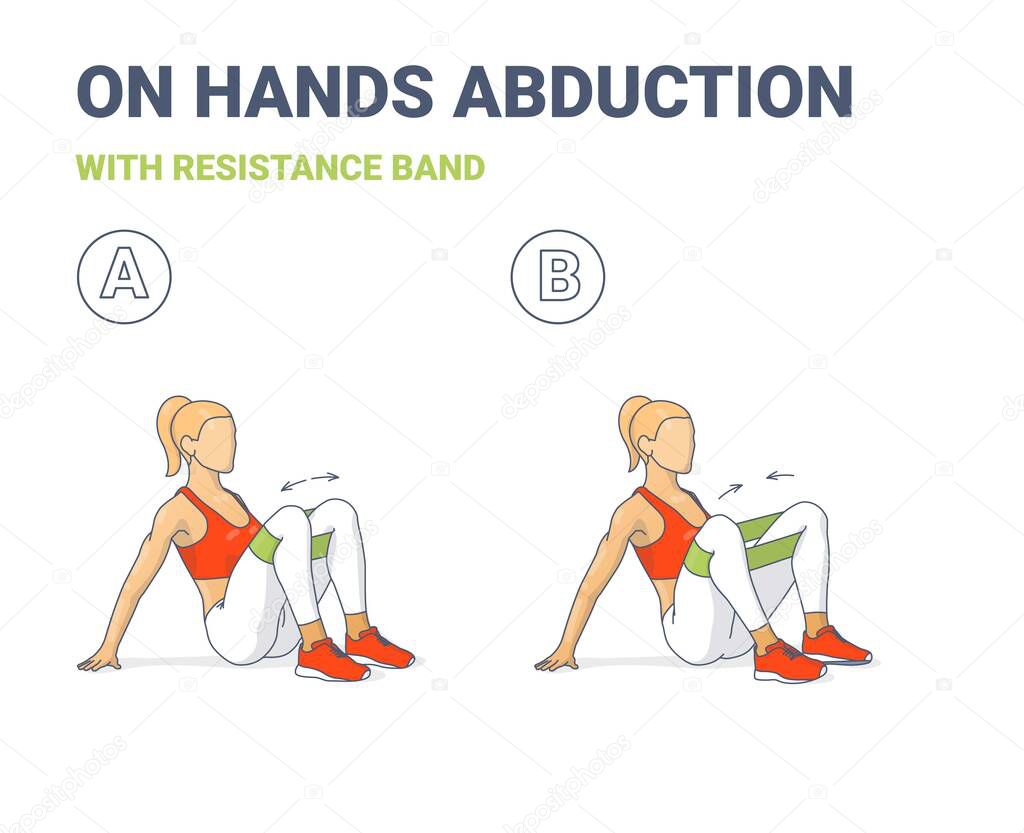 Girl Doing on Hands Hips and Knees Abductions Home Workout Exercise with Resistance Band