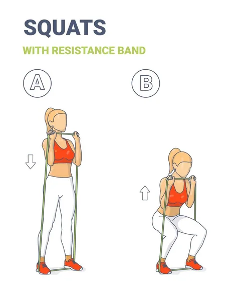 Flicka gör knäböj Home Workout Motion med gummimotstånd Band Equipment Guidance. — Stock vektor