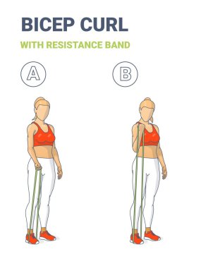 Bicep Curl Ev Çalışması yapan Kız Direniş Grubu Lastik Ekipman Rehberi ile Egzersiz.