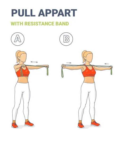 Meisje Doing Pull Appart Home Workout Oefening met weerstand Band Rubber Equipment Guidance. — Stockvector