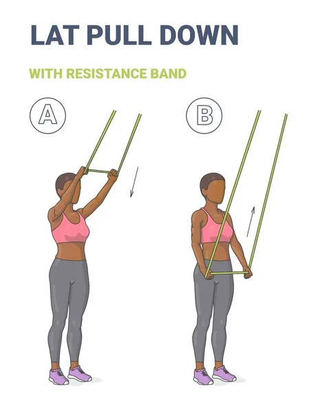 Afroamerikanerin macht Lat Pulldown Home Workout-Übung mit dünnem Widerstandsband oder Schlaufenführung. — Stockvektor