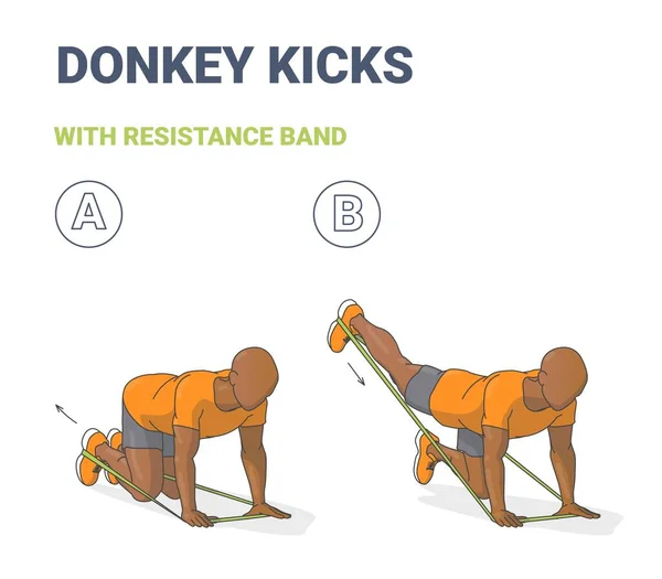 Hombre negro haciendo Donkey Kick Ejercicio de entrenamiento en casa con banda de resistencia delgada o guía de lazo elástico — Archivo Imágenes Vectoriales