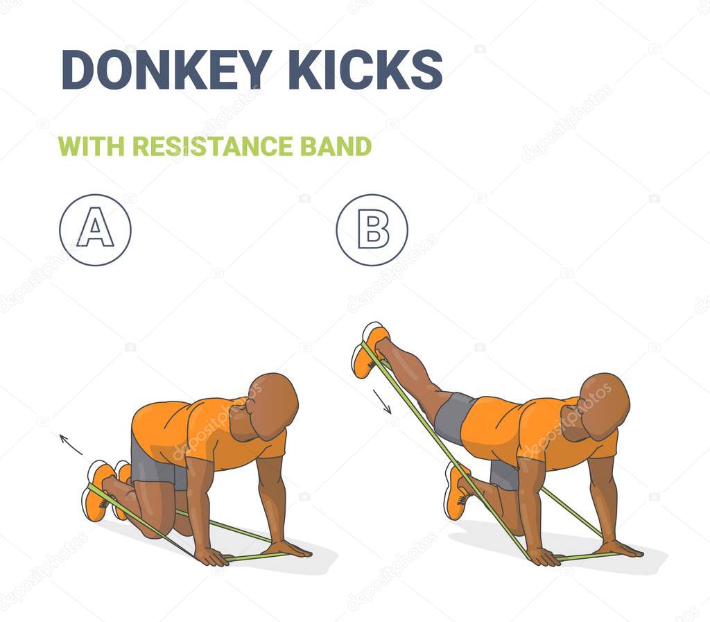 Black Man Doing Donkey Kick Home Workout Exercise with Thin Resistance Band or Elastic Loop Guidance