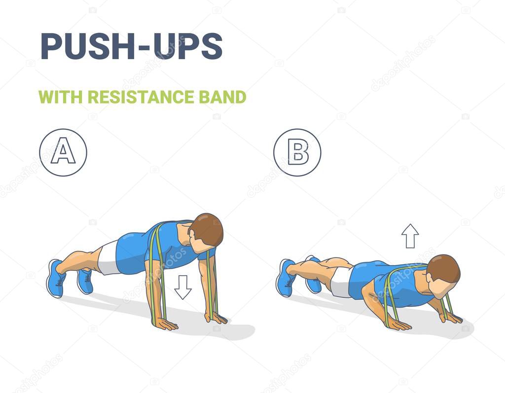 Man Doing Push Ups Home Workout Exercise with Resistance Band Guidance. Male Do Fitness Exercise.