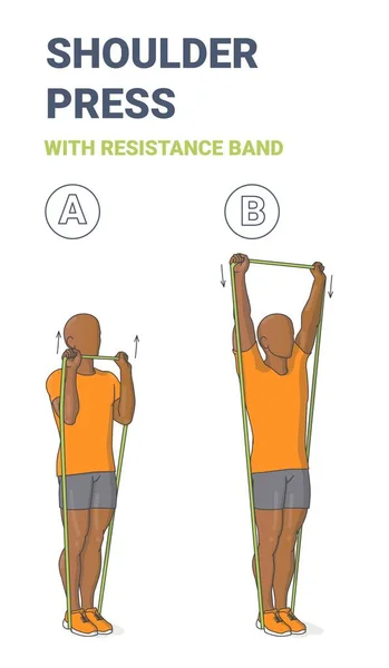 Black Guy Doing Shoulder Press Home Übung mit Resistance Band Guidance. Übung mit Schleife. — Stockvektor