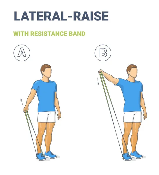 Muž dělá laterální rameno zvýšit domácí cvičení cvičení s tenkým odporem pásmo nebo smyčka navádění. — Stockový vektor