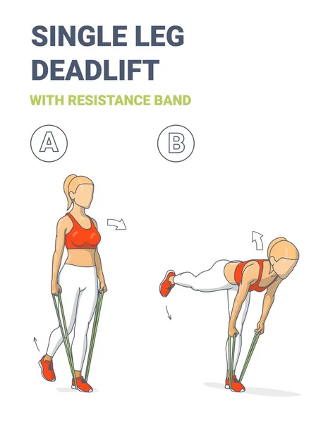 Flicka gör Single Leg Deadlift Home Workout Motion med motstånd Band eller gummi Loop Guidance. — Stock vektor