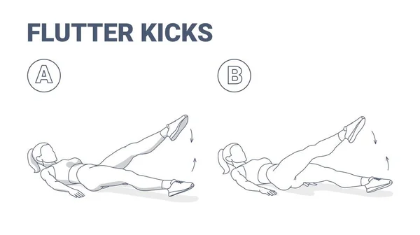 Flutter Kicks or Lying Scissors Exercício Fitness Girl Home Workout Orientação Vector Ilustração. — Vetor de Stock