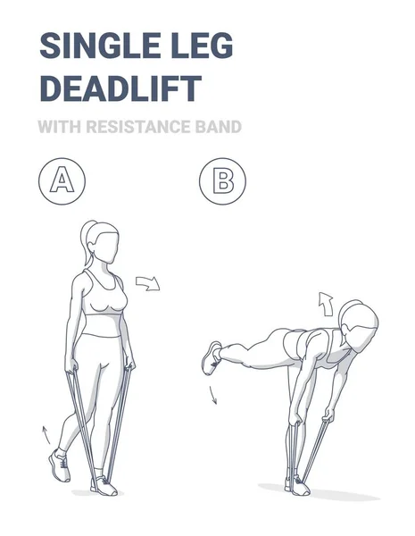 Γυναίκα κάνει ενιαία Deadlift ποδιών Home Γυμναστική Άσκηση με ζώνη αντίστασης ή καουτσούκ Loop καθοδήγηση. — Διανυσματικό Αρχείο