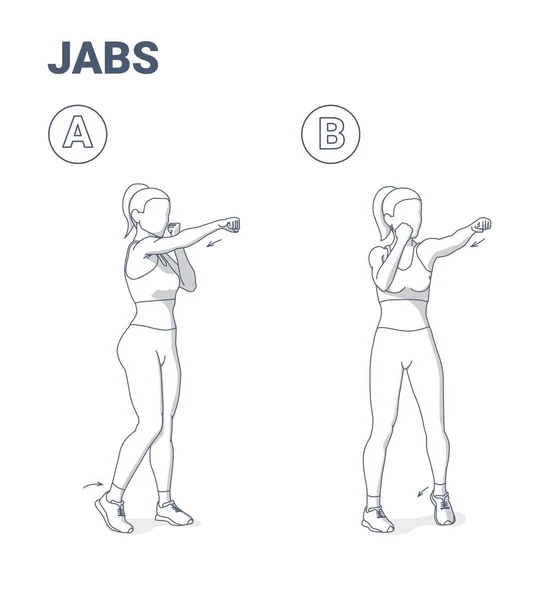 Kobieta robi Jabs Ćwiczenia Fitness Strona główna Trening Guidance Ilustracja. Dziewczyna boks ruch Jab Punch. — Wektor stockowy