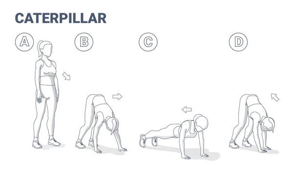 Kvinna Att Göra Caterpillar Motion Fitness Home Workout Guidance Illustration. Vektorkoncept för utbildning — Stock vektor