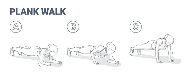Mujer haciendo Plank Walk Up Ejercicio Fitness Inicio Entrenamiento Guía Ilustración. — Archivo Imágenes Vectoriales