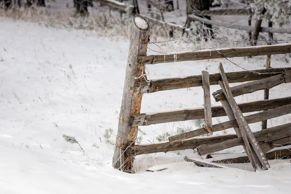 Der alte klapprige Zaun im Winter. — Stockfoto