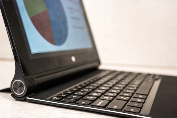 Laptop with hands on wood — Stock Photo, Image