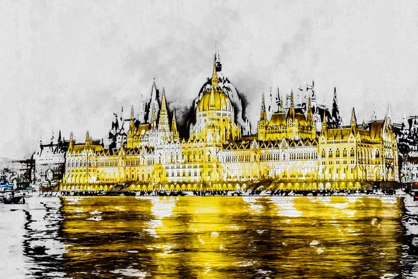 O edifício do Parlamento húngaro com illu brilhante e bonito — Fotografia de Stock