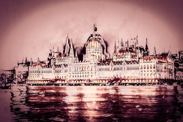 Budova parlamentu maďarské s světlé a krásné illu — Stock fotografie