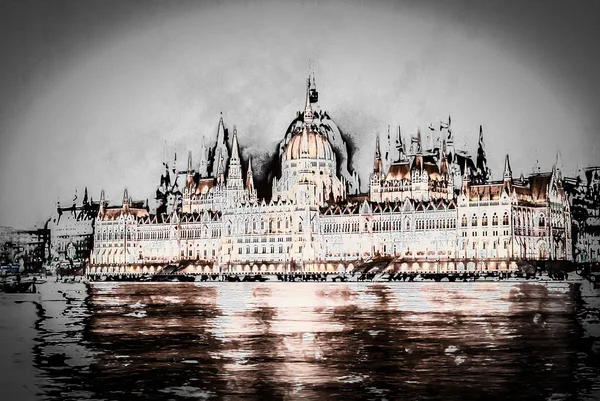 A magyar Parlament épülete, a fényes és szép illu — Stock Fotó