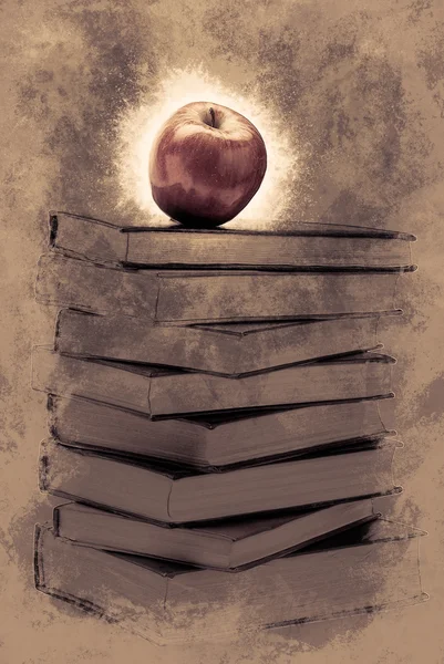 Pila de libros antiguos con una manzana en la parte superior — Foto de Stock