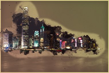 Hong Kong Adası ile gece ışıklı scyscrapes