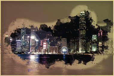 Hong Kong Adası ile gece ışıklı scyscrapes