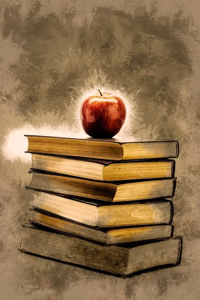 Stack av gamla böcker med ett äpple på toppen — Stockfoto