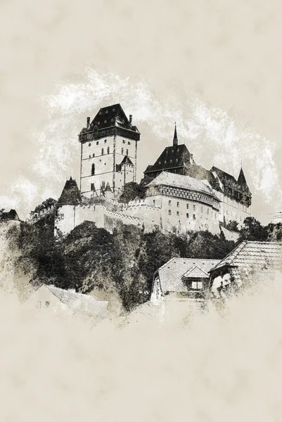 Karlštejn slottet på grön kulle, Prag — Stockfoto