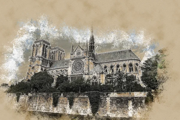 巴黎圣母院教堂，从塞纳河的视图 — 图库照片