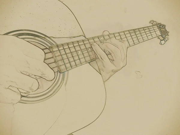 Foto de close-up de uma guitarra acústica tocada por um homem . — Fotografia de Stock
