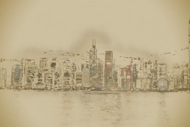 Hong Kong Adası ile gece ışıklı scyscrapes