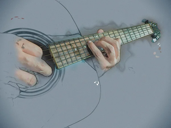 Foto de close-up de uma guitarra acústica tocada por um homem . — Fotografia de Stock