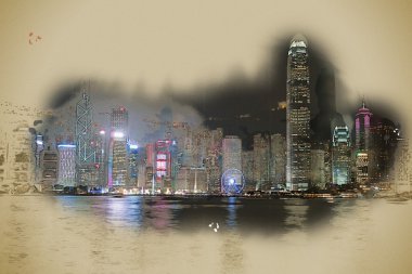 Hong Kong Adası ile gece ışıklı scyscrapes