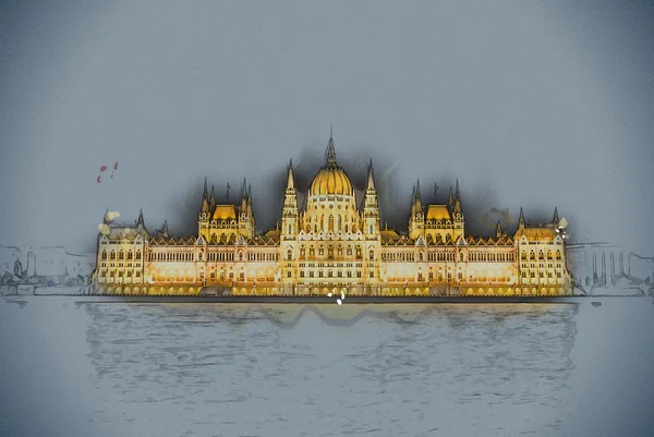 Das ungarische Parlamentsgebäude mit heller und schöner illu — Stockfoto